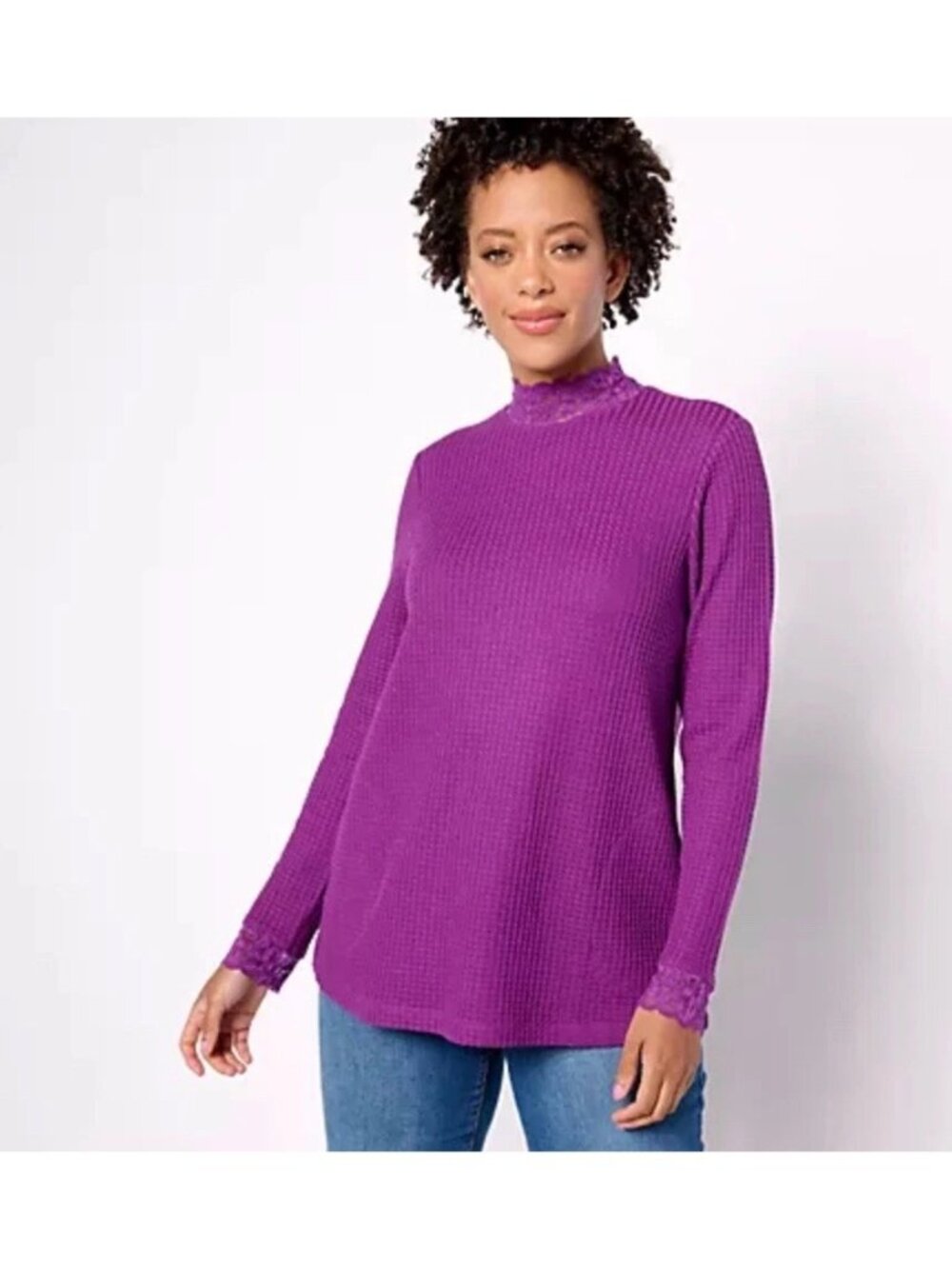 LOGO by Lori Goldstein Top 4X Metallic Waffle Knit Mock Neck Lace Grape Cozy NEW